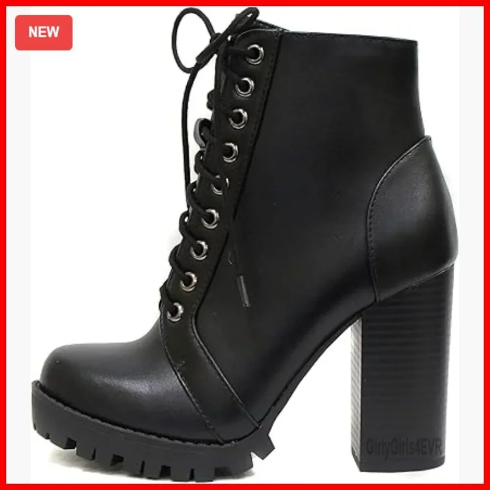Lace Up Ankle Boots with Stacked Heel and Side Zipper